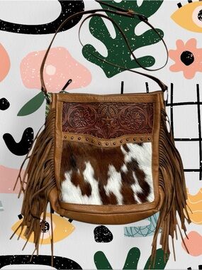 Leather and Genuine Cow Print Calf Hair Owl Face Embossed Fringe Crossbody Bag